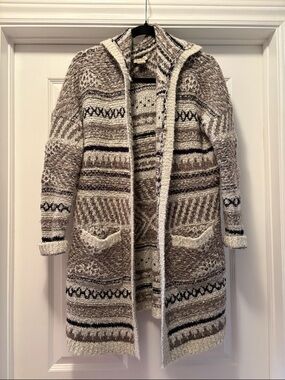 Lucky Brand Cream, Navy and Tan Patterned Hooded Cardigan